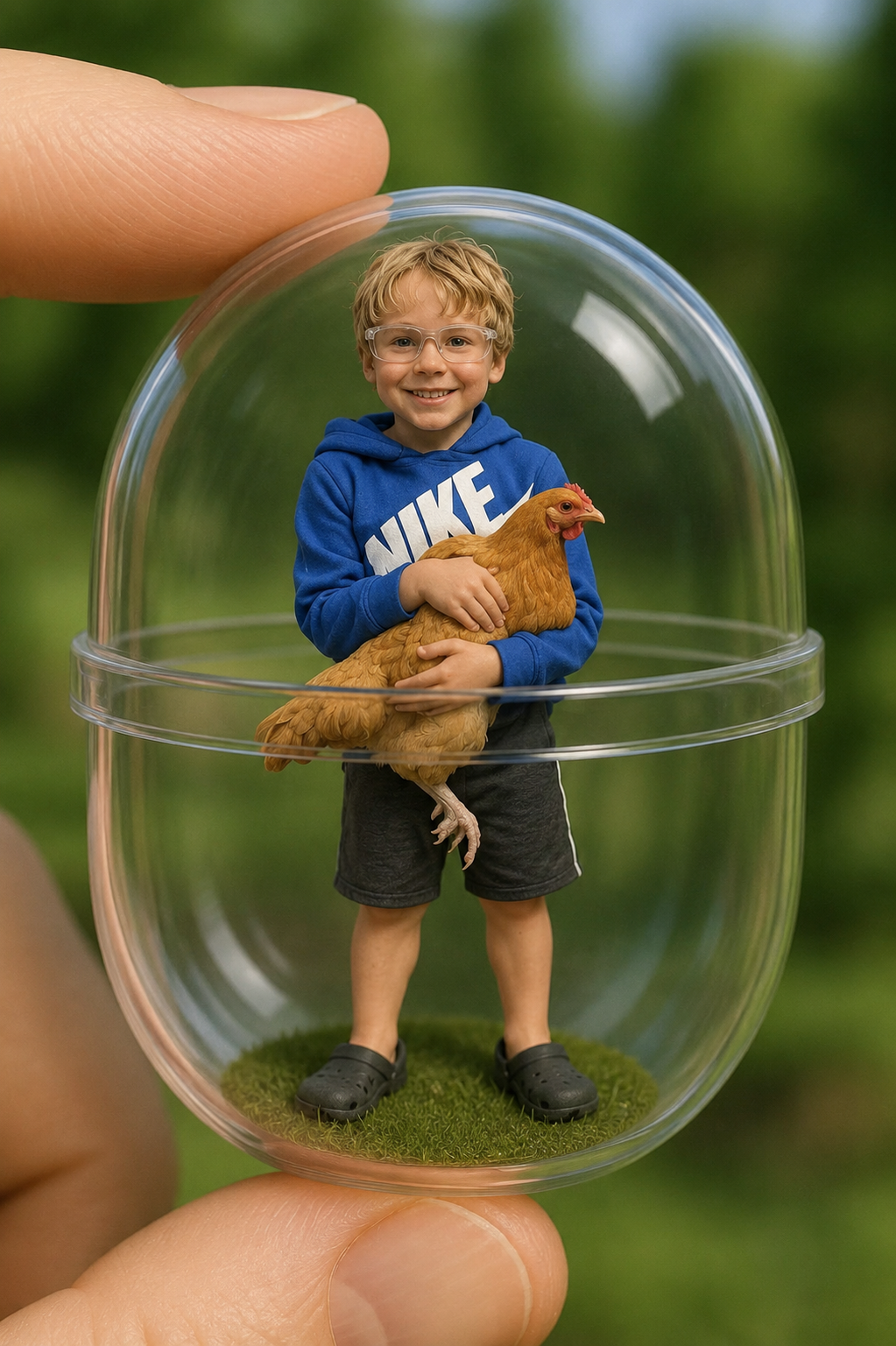 Capsule character illustration of a child holding a chicken