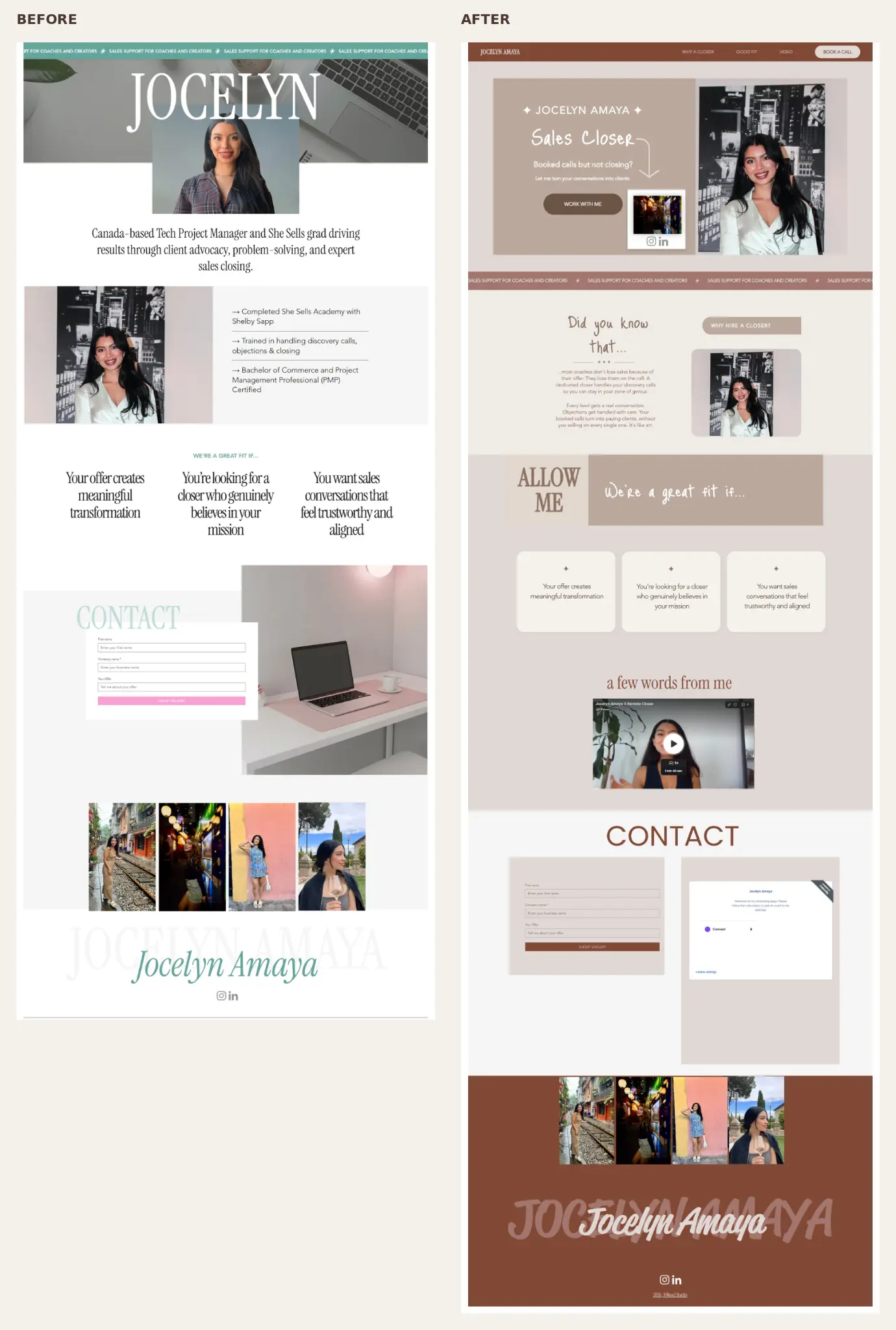 Before-and-after comparison of the Jocelyn Amaya Closer website redesign